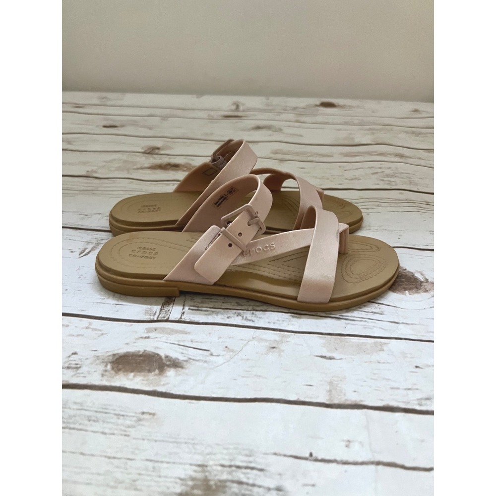 Crocs Tulum Sandal Pink Tan Asymmetrical Strappy Buckle Flat 206066 Size 6